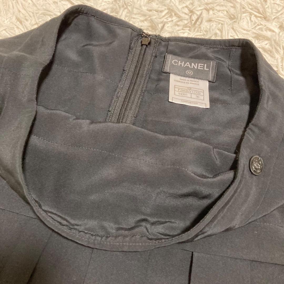 CHANEL ココマーク 切替 フリル プリーツ スカート シルク100% 黒