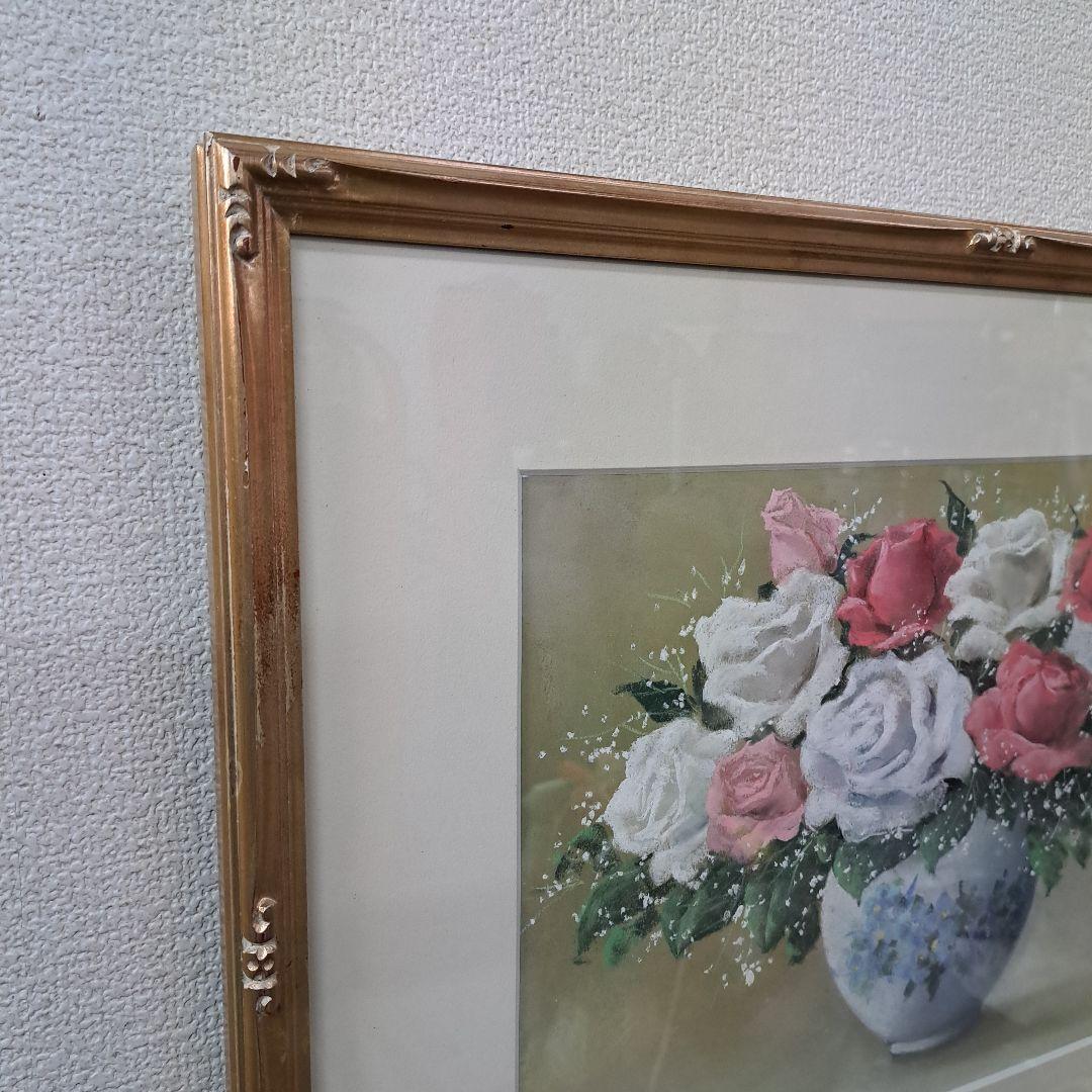 ♡唐沢政道作 　【ばら】 パステル画 金色フレーム