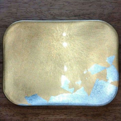 瑞雲金箔竹皿☆平安象彦　箱付き、加賀金箔きらら胴張銘々皿５枚・菓子切５本　箱付き