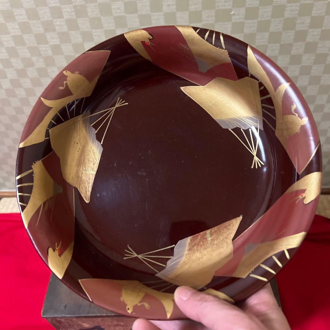 古美術　輪島塗　溜色沈金三つ組丼　木製　大正十年