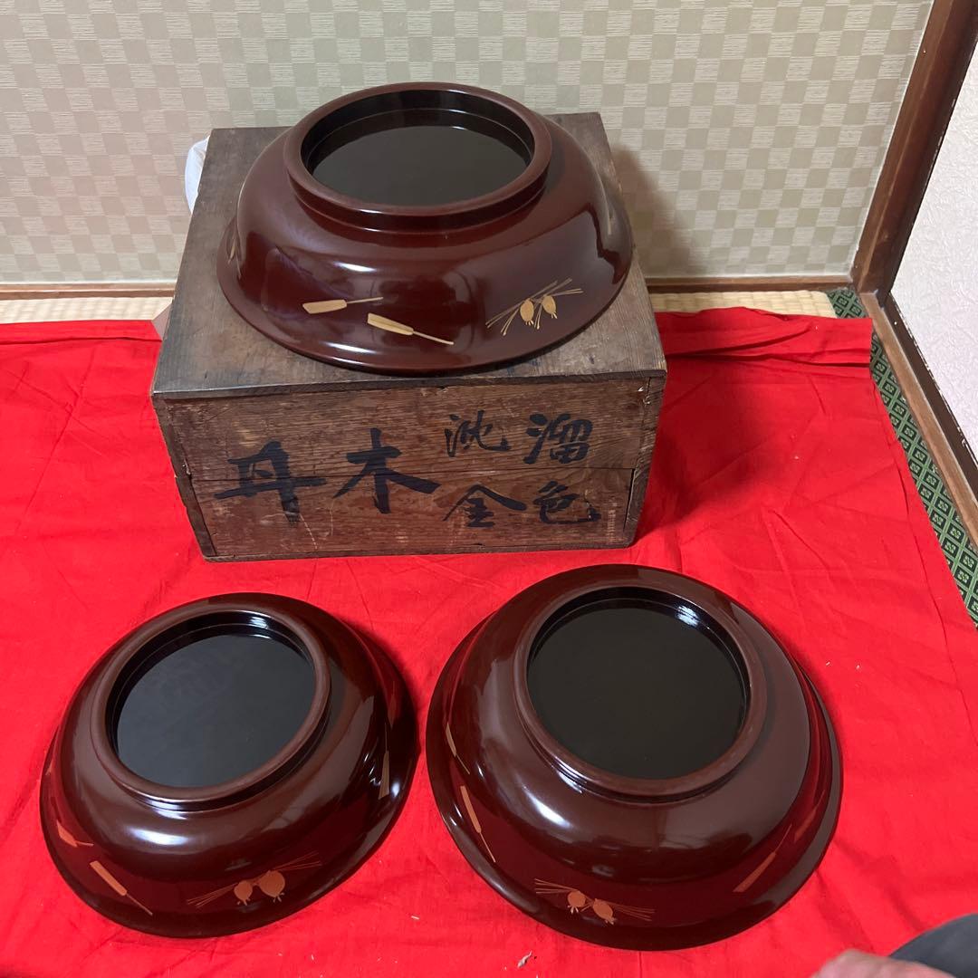 古美術　輪島塗　溜色沈金三つ組丼　木製　大正十年