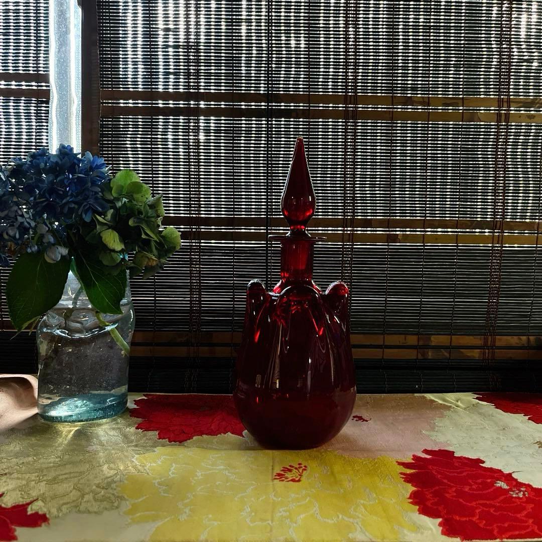 骨董 時代ガラス 銅赤被せガラス 古作 水差し デカンタ カラフェ