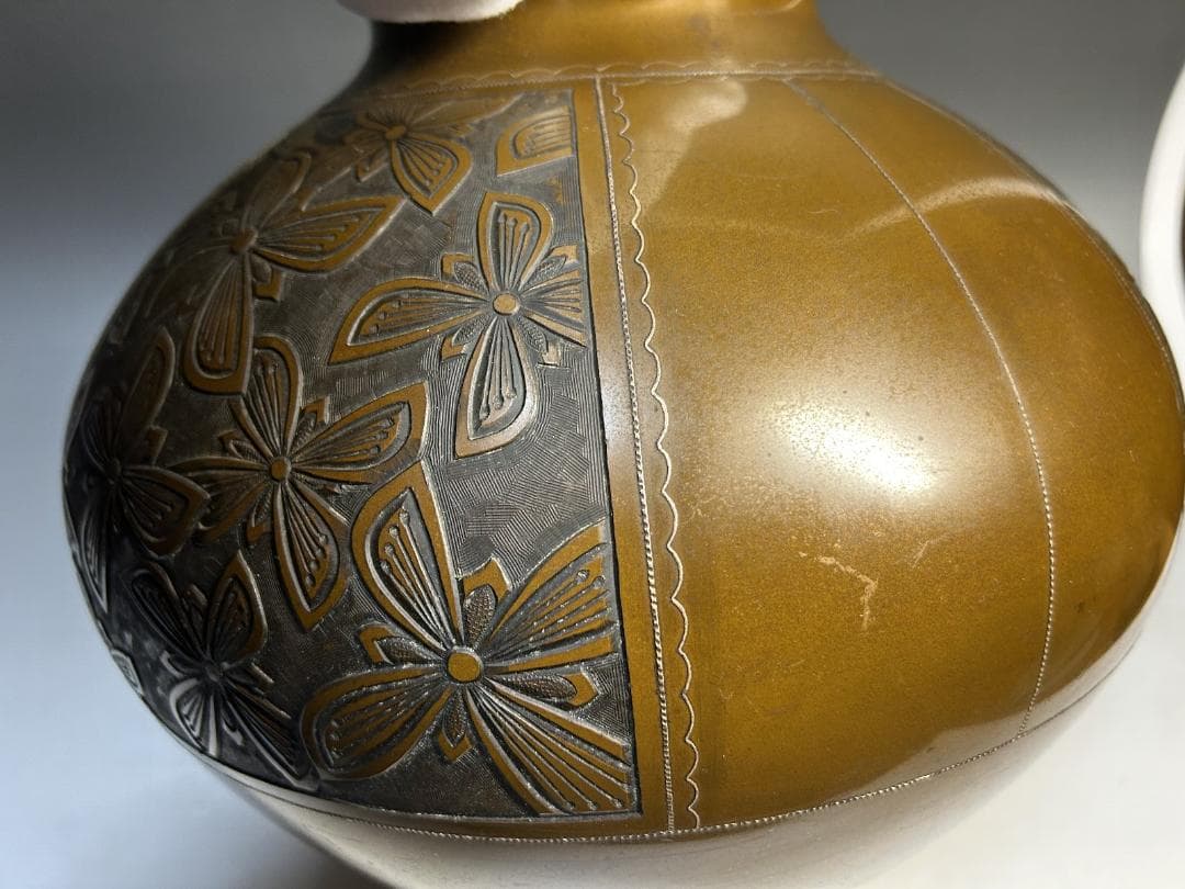 時代 彫金師 柴田郁美 銀象嵌 鋳銅花瓶 花瓶 花入れ 美芝彫