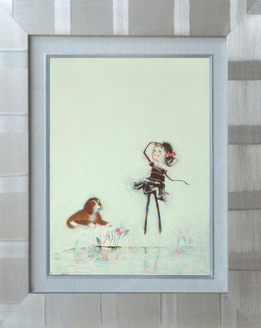 油絵 菅家令子 絵 絵画インテリア 額付(黒) F4-072319 子犬と女の子