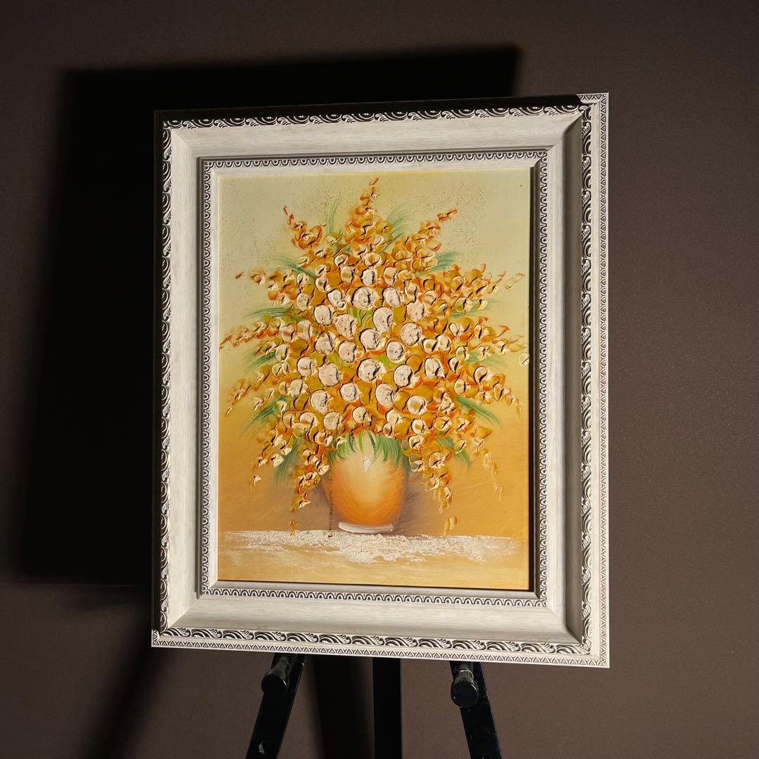☆秀作☆ 手書き油絵 花瓶の花 額付 肉筆絵画 インテリア 油彩画