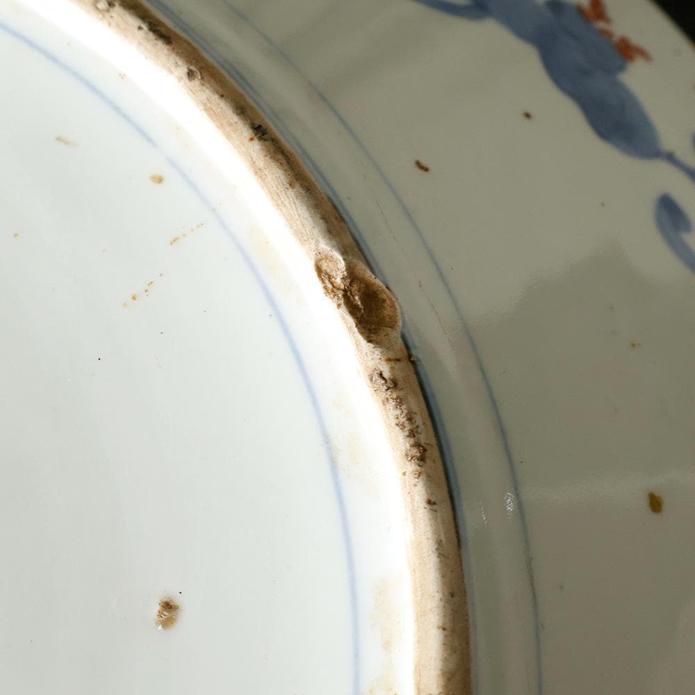 時代物 古伊万里 染錦手 見込に花 竹 松下賢人図 色絵 尺寸大皿 直径40