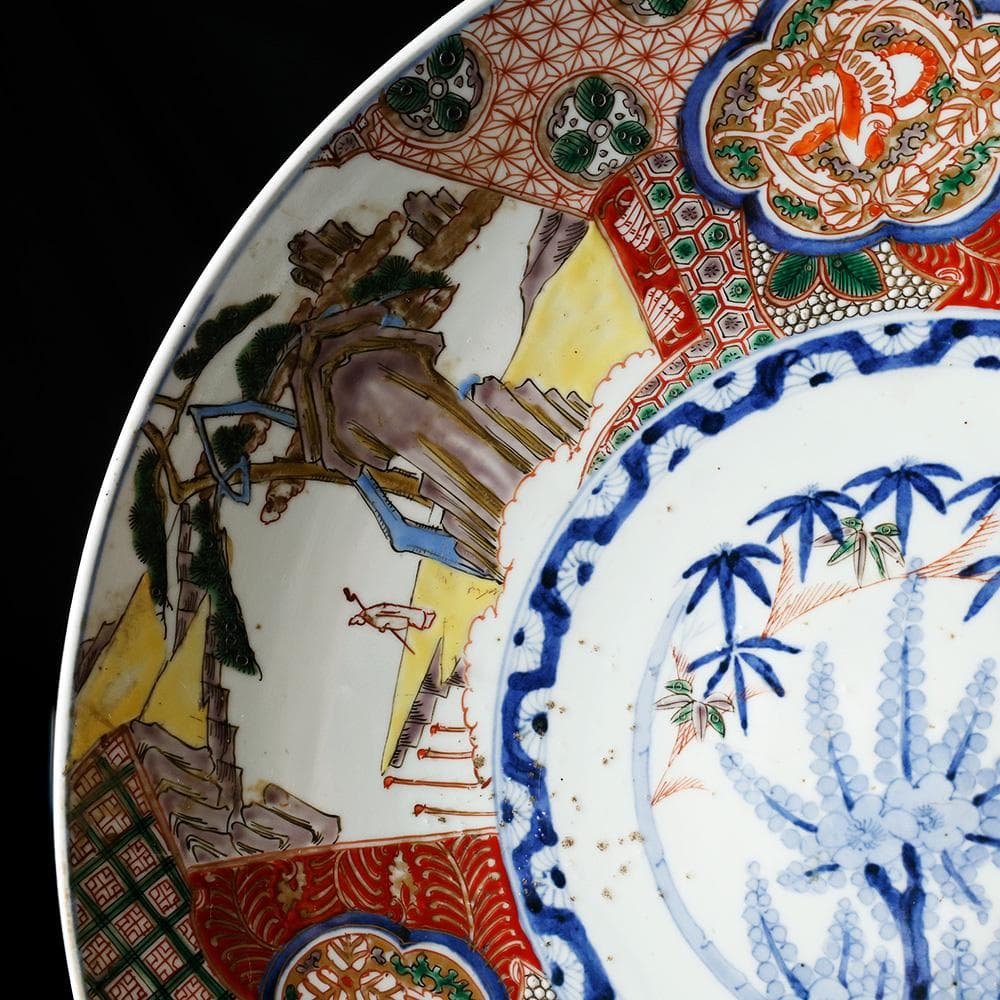 時代物 古伊万里 染錦手 見込に花 竹 松下賢人図 色絵 尺寸大皿