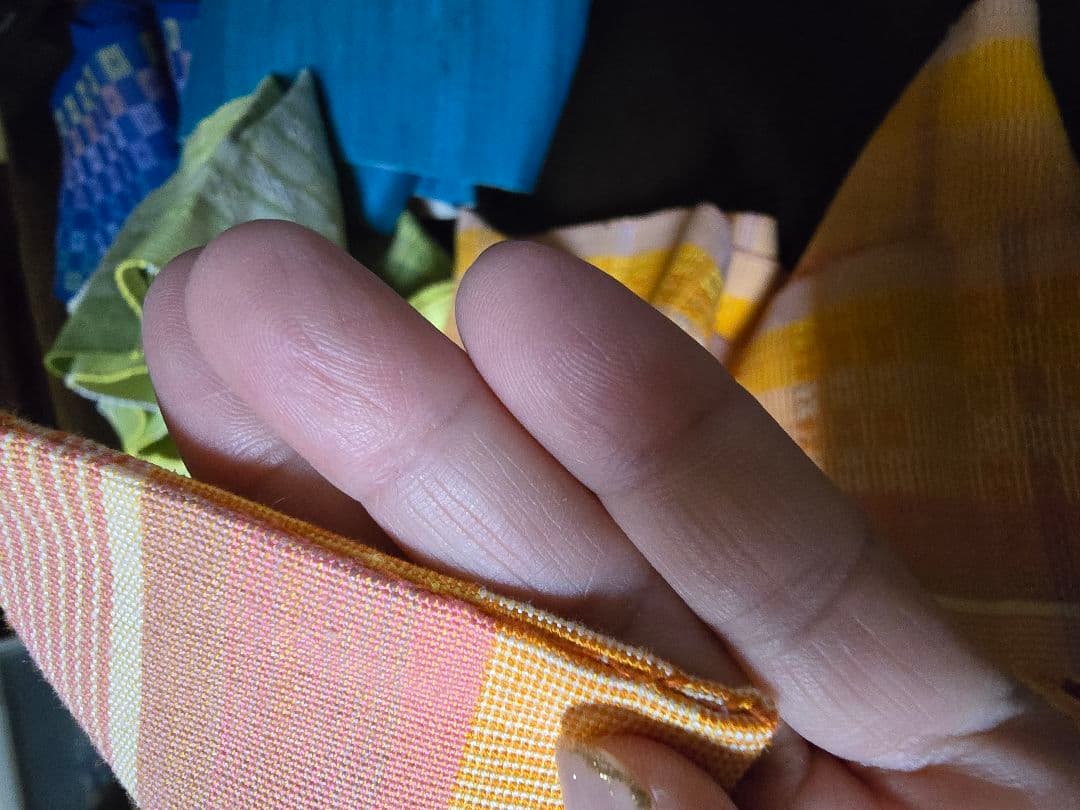 タイムセール12時まで。花織 ミンサー半巾帯 オレンジ～パープル美品