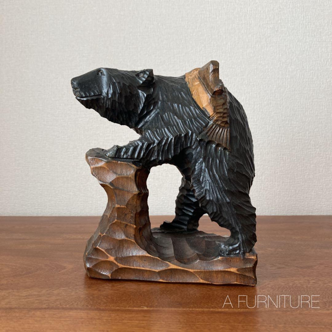 木彫り 農民美術 木端人形 アイヌ 夫婦 小熊 鮭 2体セット アイヌ民族