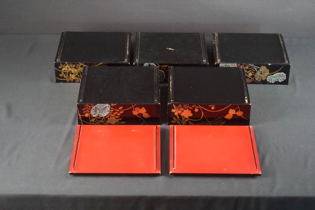 螺鈿細工 蒔絵 木製 五段 重箱 共箱 二枚蓋 時代品 青貝 検) 漆器 輪島塗