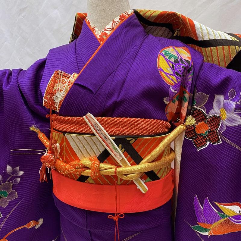411ag80◎七五三 七歳 女児 着物&袋帯&長襦袢 古典柄 鼓鴛鴦花 紫◎