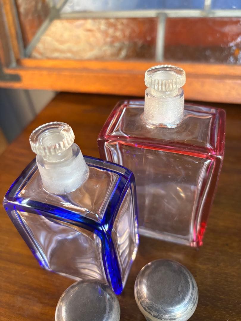 フランス アンティーク ガラス香水瓶 2点セット ブルー&レッド