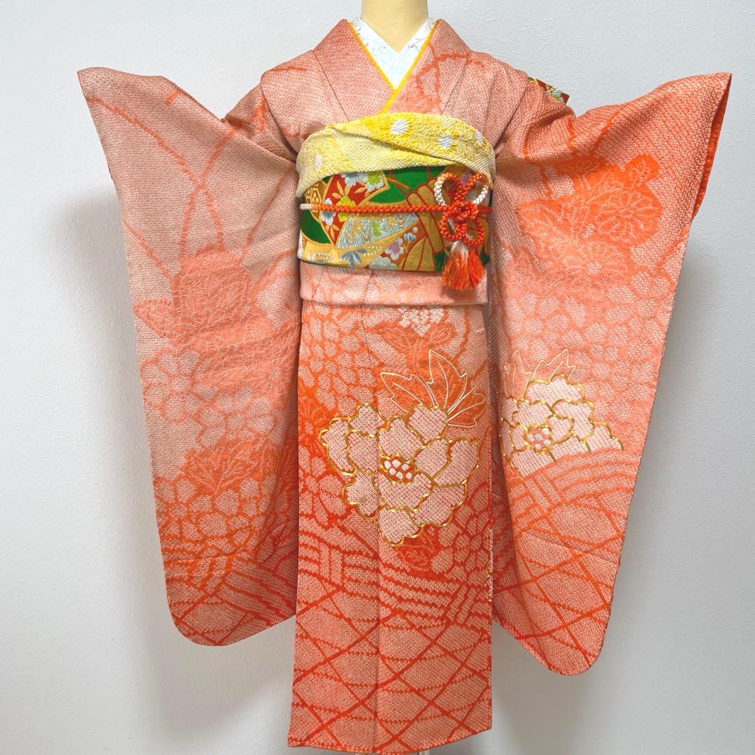 169 振袖フルセット 正絹 未使用 オレンジ 橙 絞り 駒刺繍 暈し染め