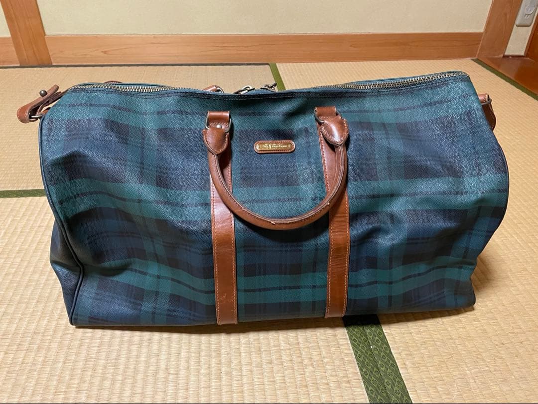 ポロラルフローレンボストンバッグ グリーン・ネイビー チェック柄 美品 ポロラルフローレン ボストンバッグ チェック柄 PVC グリーン