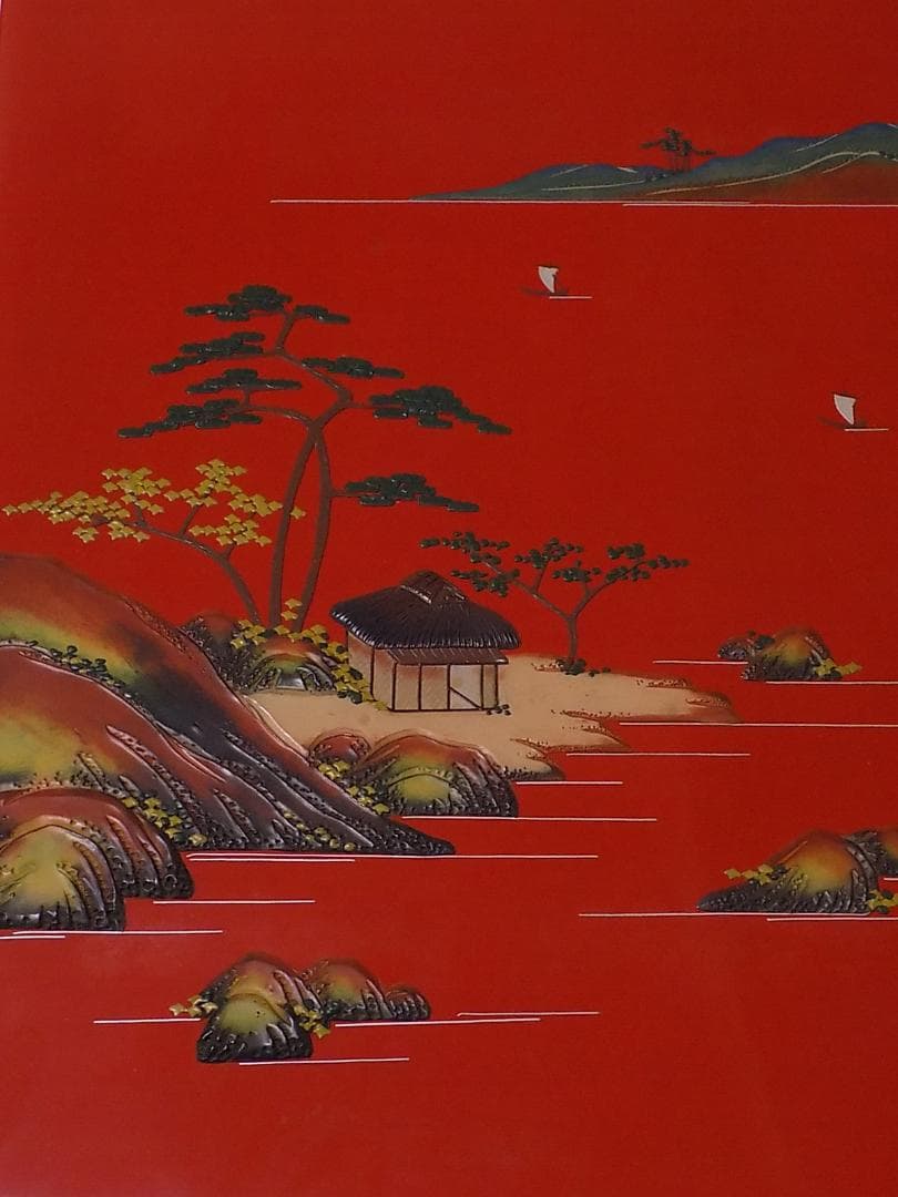 角萬　琉球漆器　堆錦山水　文箱　新品未使用