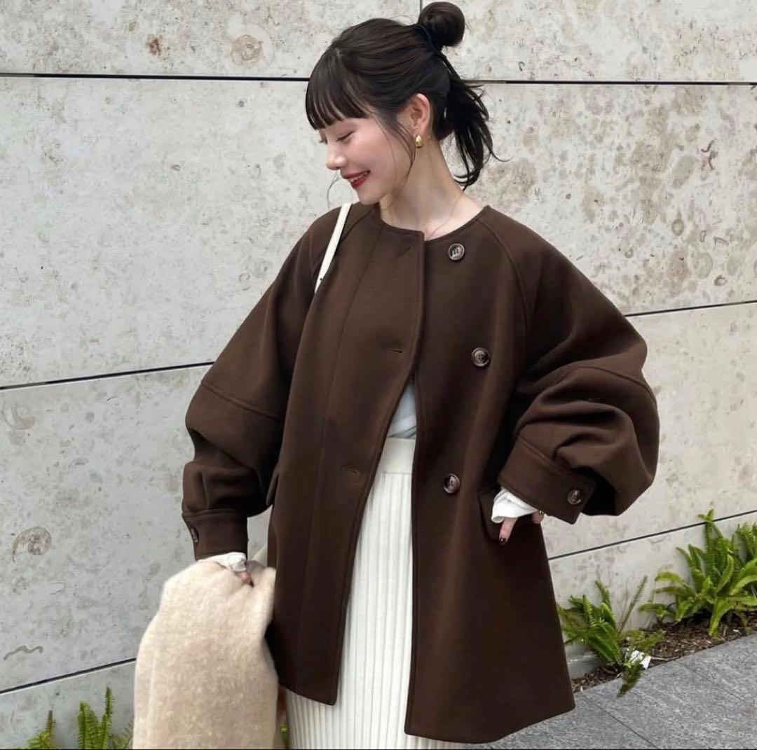 hinari ウェーブデザインミドルコート ブラウン Sサイズ
