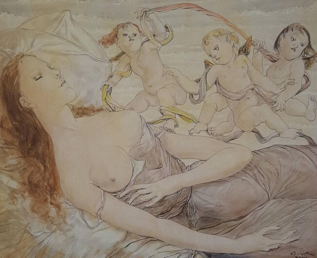 藤田嗣治、「天使」、希少画集の額装画、人気作品、オーダーマット付・日本製新品額入