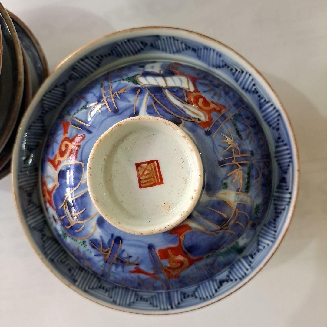 江戸中期　極上品　向付　蓋付　金彩赤絵　　竹林三賢人文　角福　五客セット