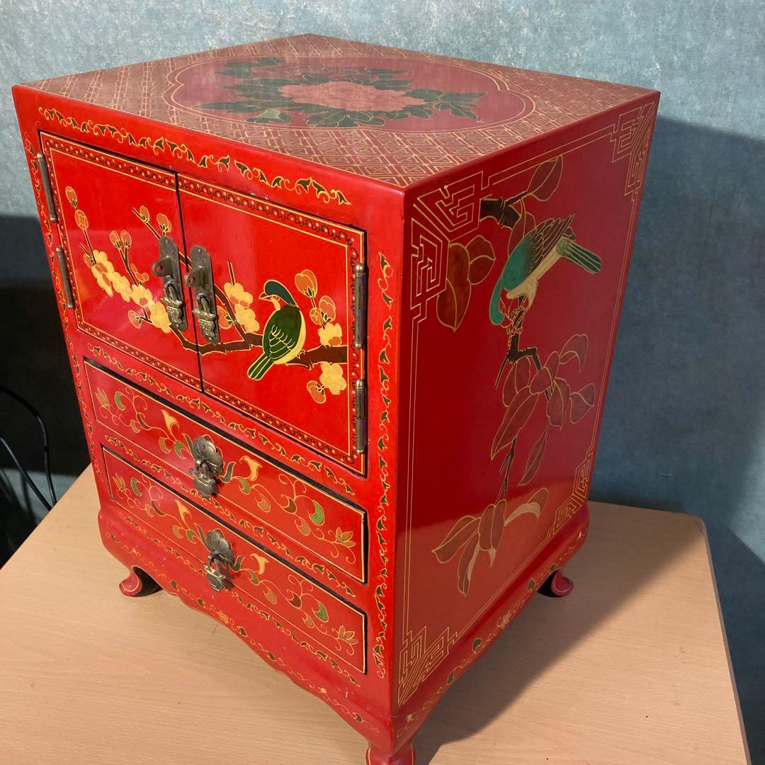 中国美術 朱塗 真鍮金具 家具 キャビネット 小引き出し 花鳥図 猫脚