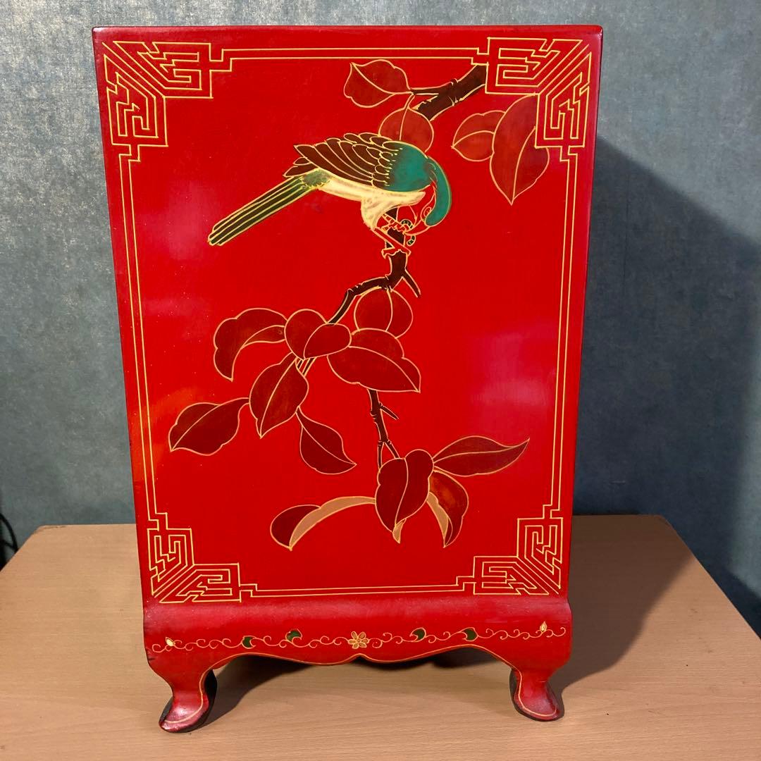 中国美術 朱塗 真鍮金具 家具 キャビネット 小引き出し 花鳥図 猫脚