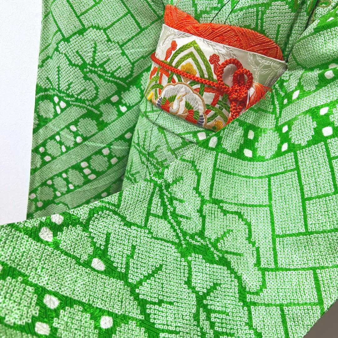 414 振袖フルセット 正絹 黄緑 グリーン 総絞り 駒刺繍 未使用 松