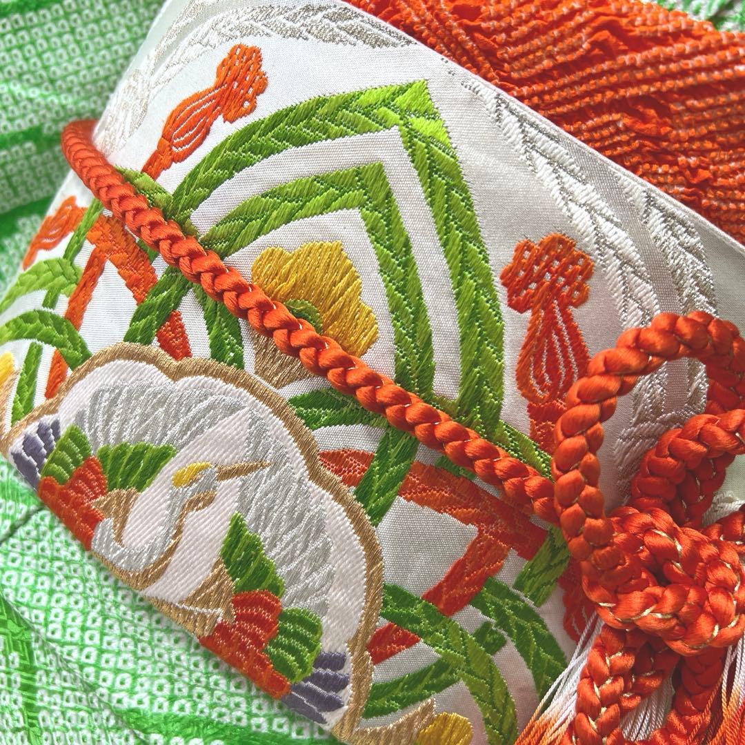 414 振袖フルセット 正絹 黄緑 グリーン 総絞り 駒刺繍 未使用 松