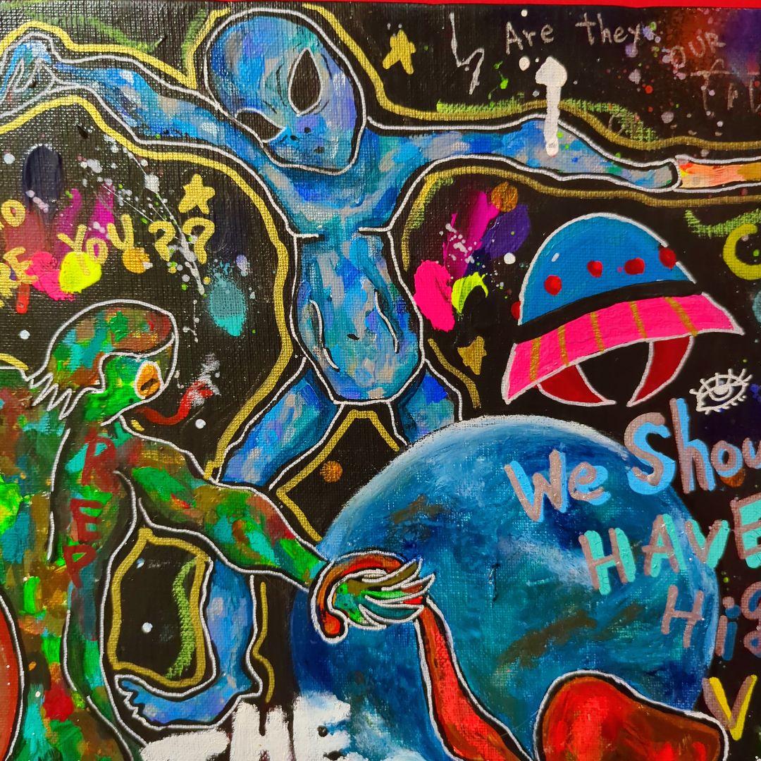 【一点物現代アート】宇宙人たちの絵【F8号】