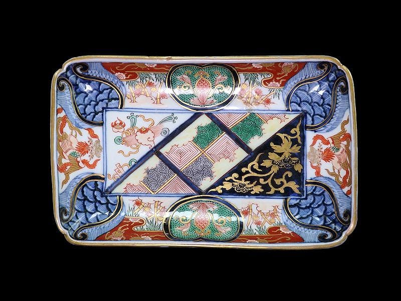 大聖寺伊万里 金襴手 宝尽くしに鳳凰 石畳紋の図 長皿 1296AS-DCn