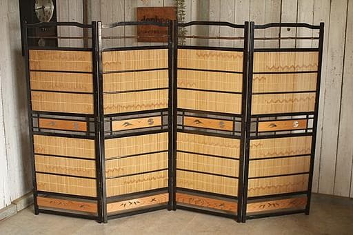古い竹簾屏風 衝立 目隠し 四つ折り 透かし彫り 古民家 古道具