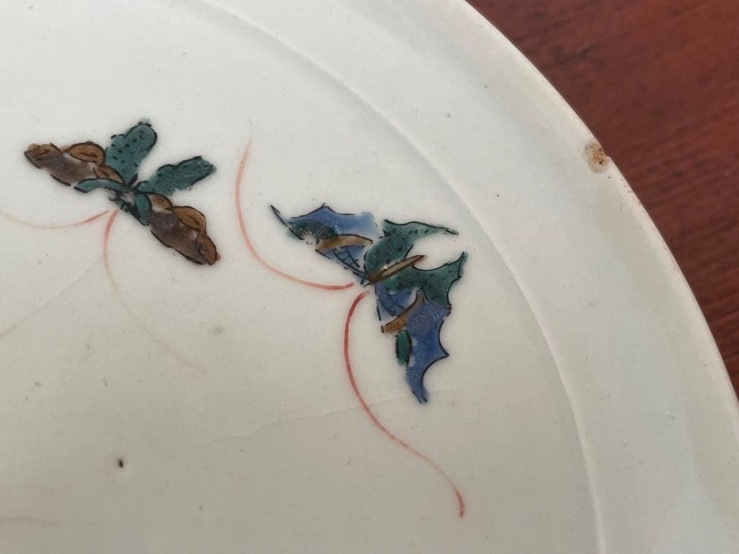 1 骨董 アンティーク 色絵古九谷 撫子蝶々図 丸皿 五寸皿 角福