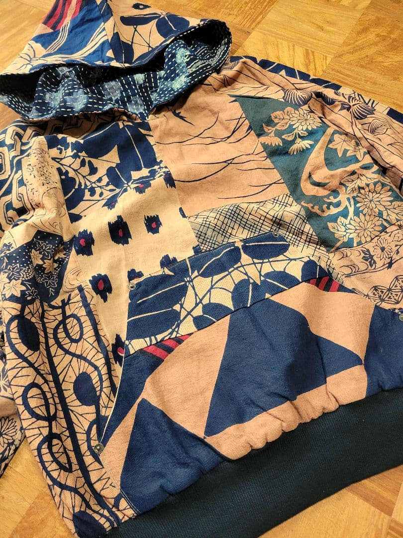 め0129古布リメイク木綿絣襤褸柿渋染め刺し子リバーシブルパ－カーハンドメイド