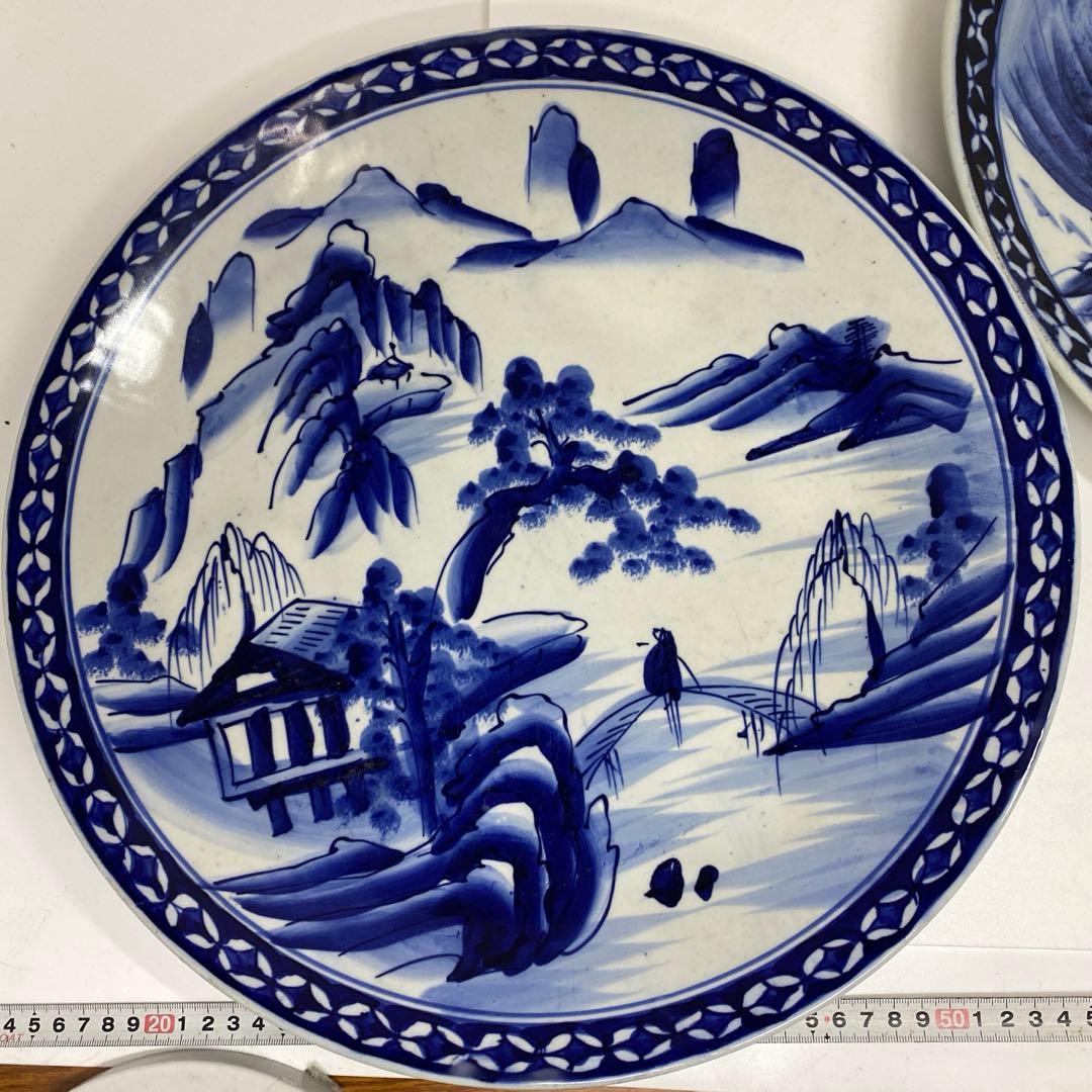 古伊万里　染錦　染付大皿4枚　美人画木箱付　タニコ　東さ7-0626⑥