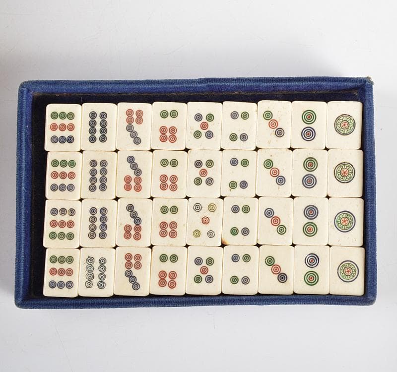 中国　竹嵌　骨牌　背竹牌　麻雀牌　皮製ケース付　D　8705