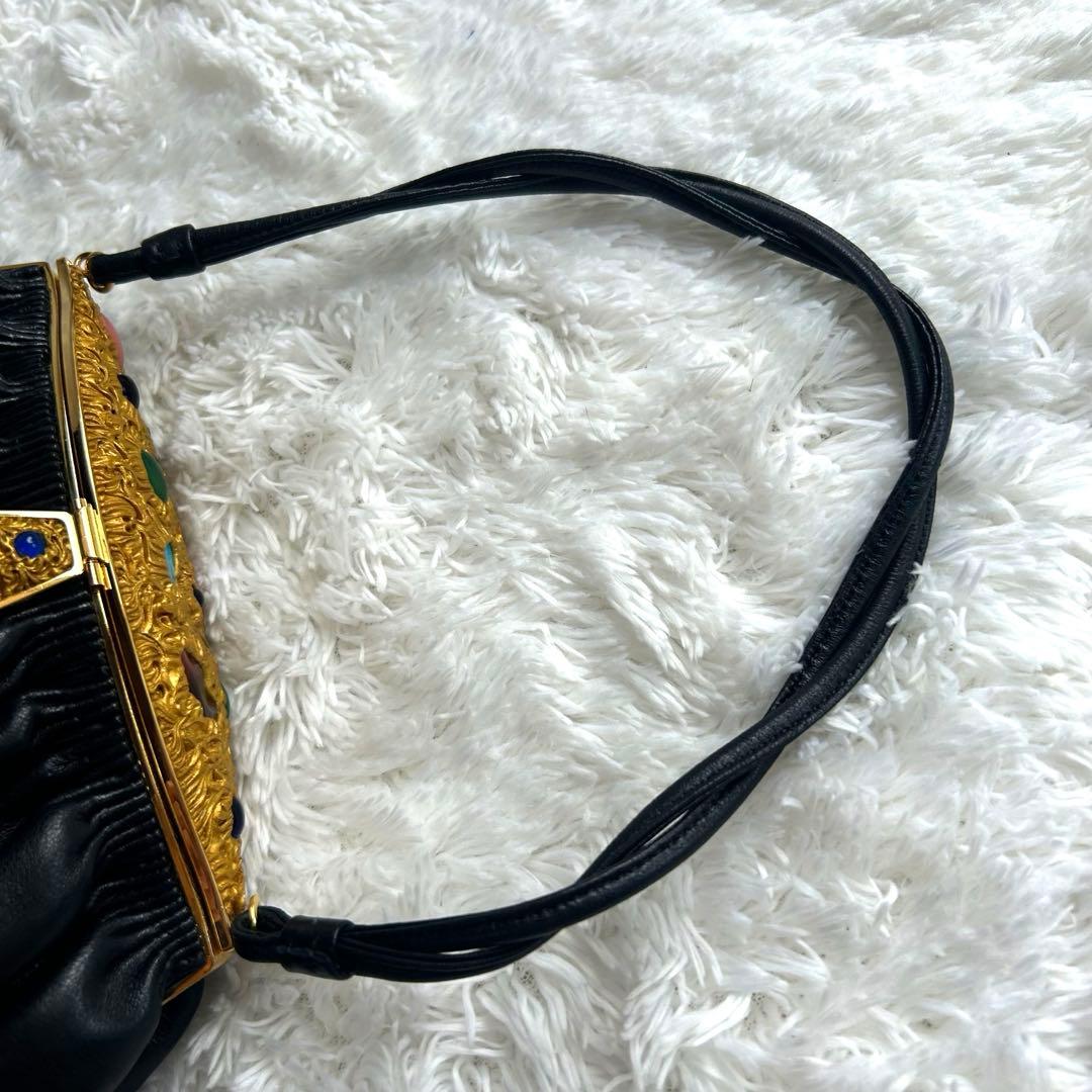 【美品】ハマノ ハンドバッグ サンピエトロ がま口 ビジュー ブラック　レザー