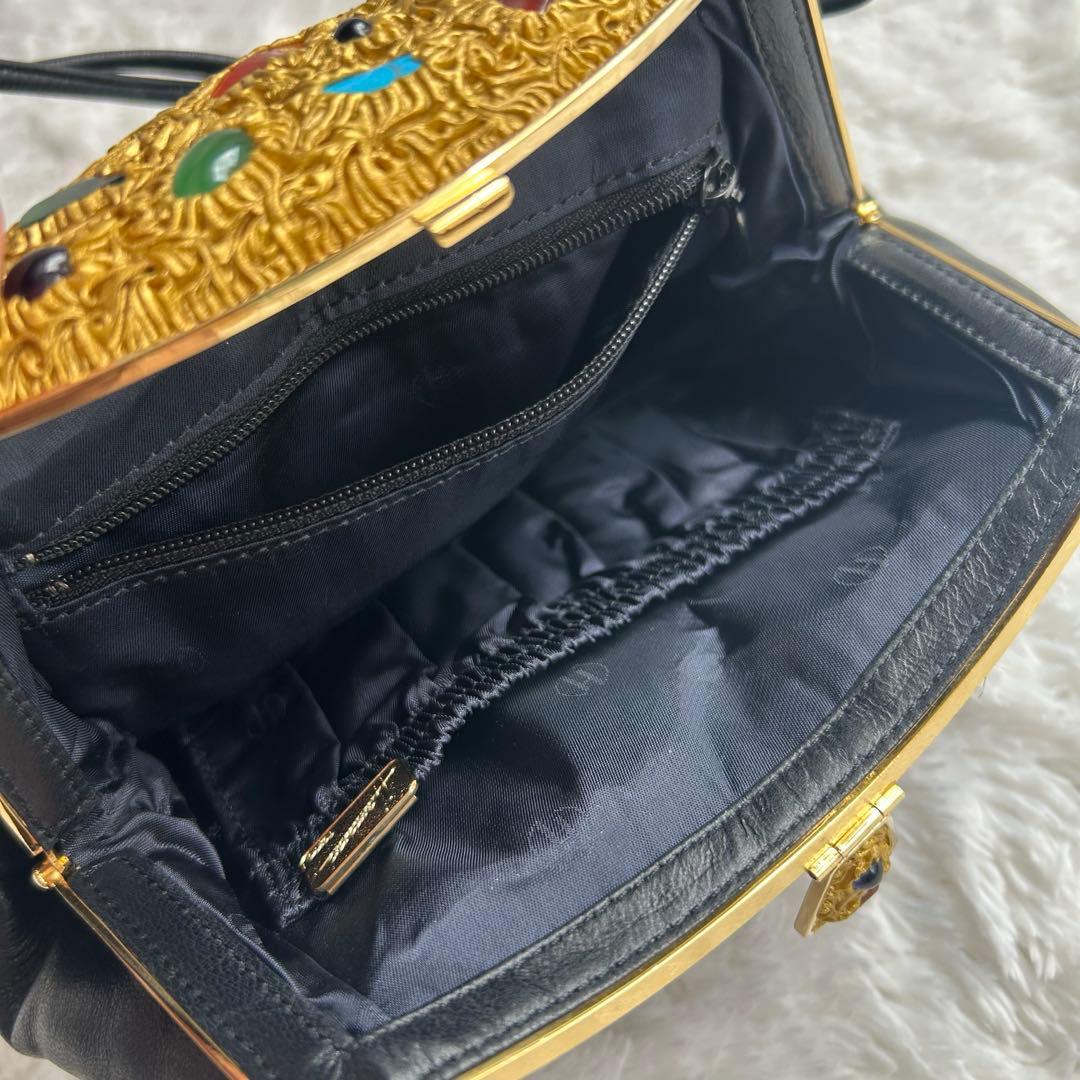 【美品】ハマノ ハンドバッグ サンピエトロ がま口 ビジュー ブラック　レザー