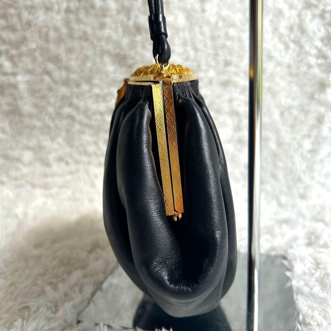 【美品】ハマノ ハンドバッグ サンピエトロ がま口 ビジュー ブラック　レザー