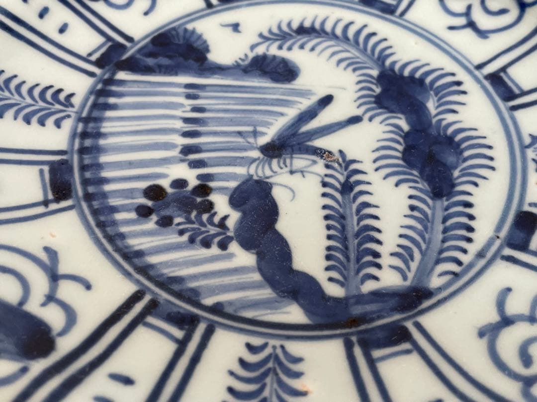 骨董　アンティーク　古伊万里　染付　芙蓉手　飛蝗図　七寸皿　箱付き　渦福