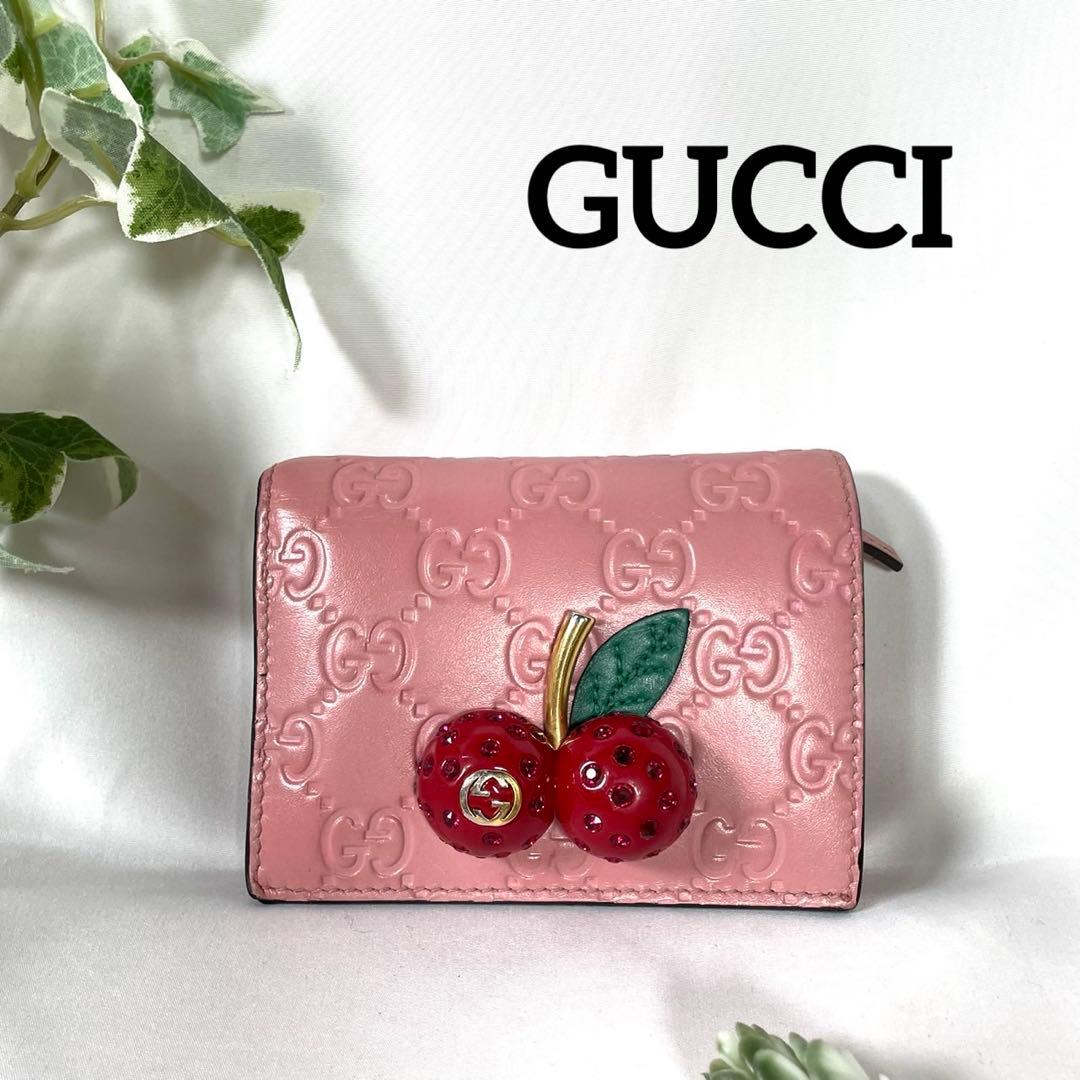 GUCCI チェリー さくらんぼ 二つ折り財布 GG柄 GUCCI ピンク 二つ折り