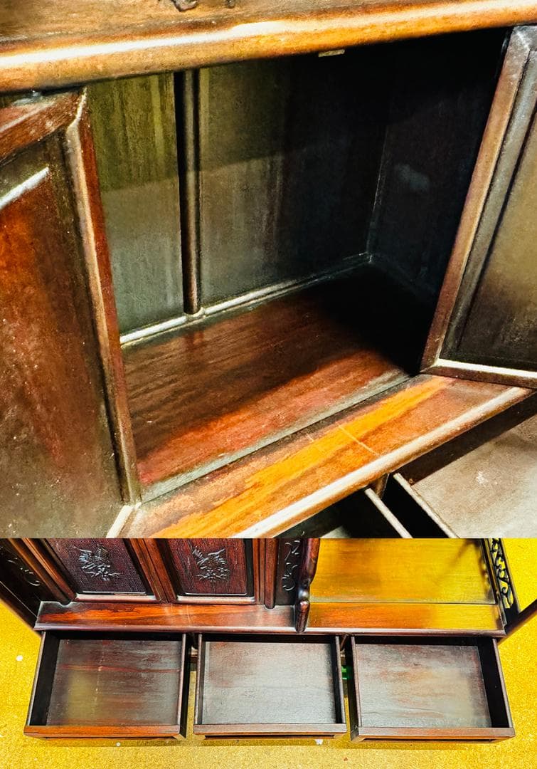 唐木家具 紫檀 茶棚 四君子 透かし彫り 違い棚 飾り棚 茶箪笥 煎茶 和箪笥