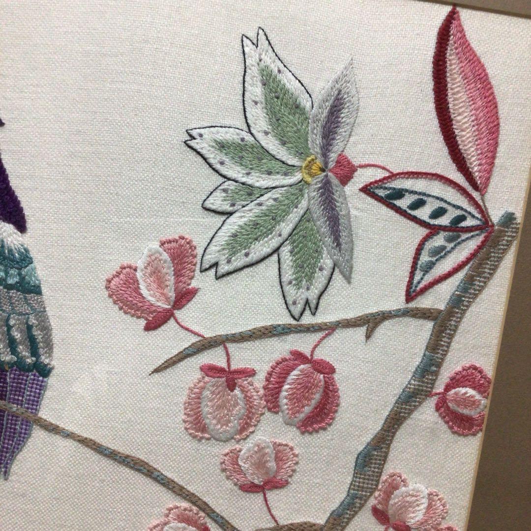 手刺しゅう　額　鳥