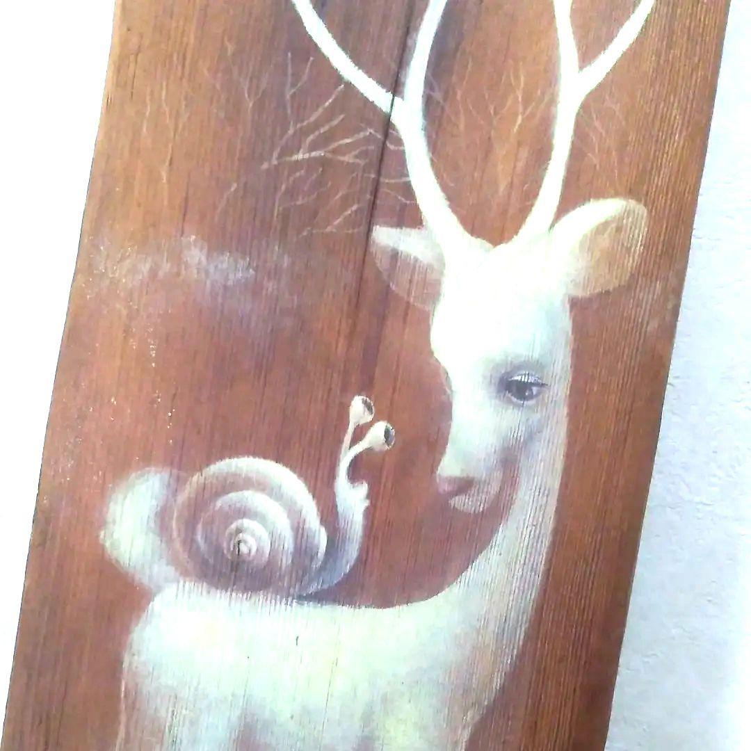 プロ作家流木絵画アート工芸品不思議な鹿？カタツムリ蝸牛月