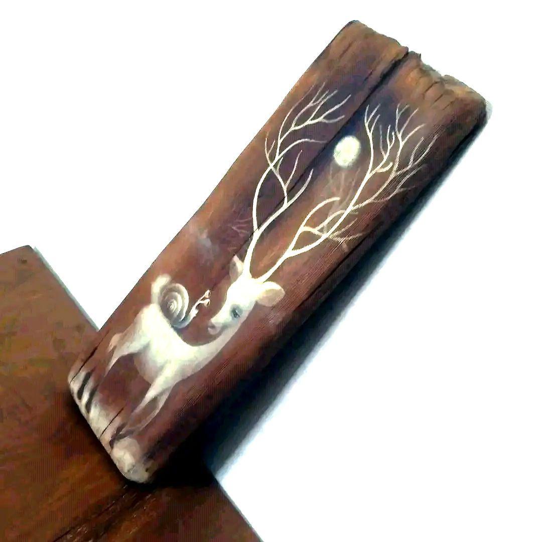プロ作家流木絵画アート工芸品不思議な鹿？カタツムリ蝸牛月