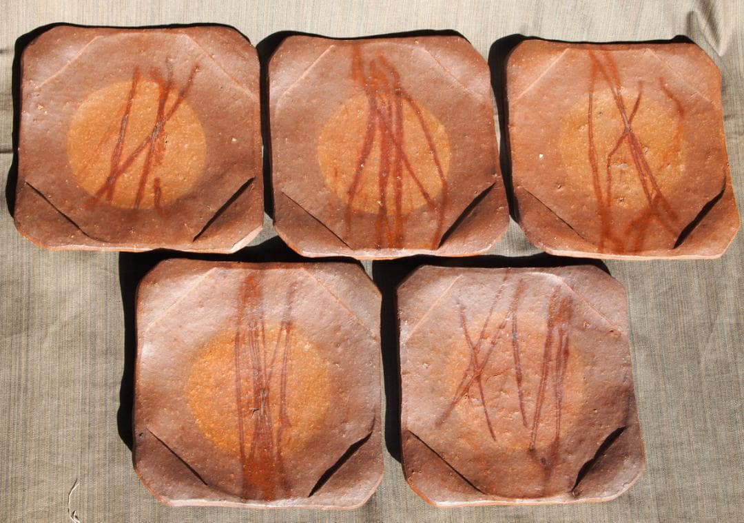 希少作★森陶岳★備前【寒風】角皿５枚組★共箱 作森陶岳備前寒風角皿5枚組共箱 備前焼 銘々皿 森泰司 角皿 四方皿