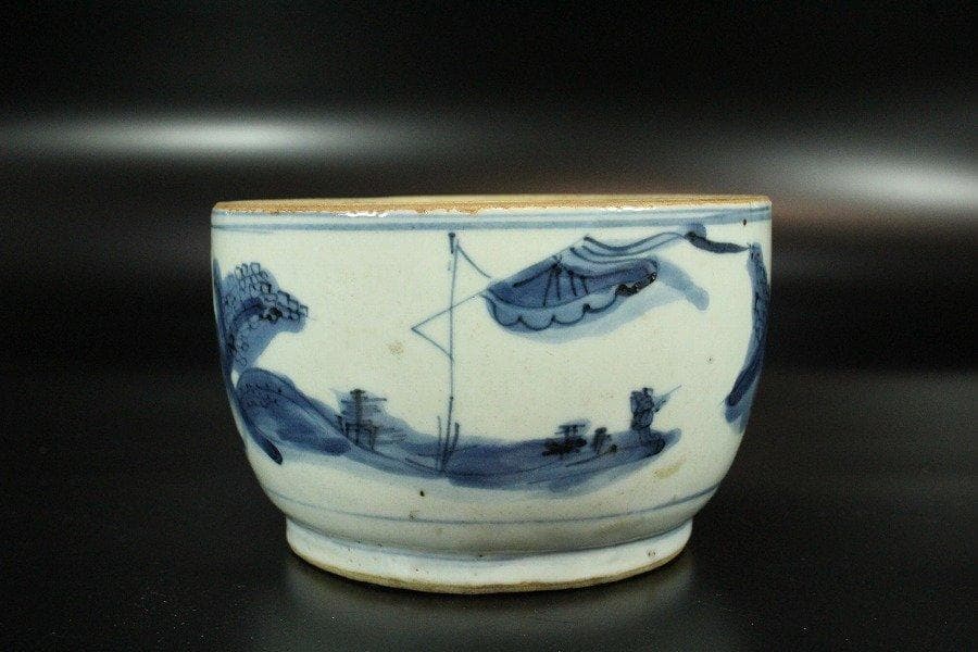 中国美術 古染付 山水舟紋 香炉 碗 明 旧家蔵出