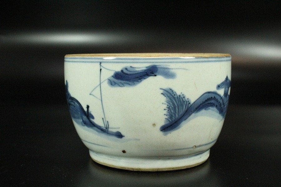 中国美術 古染付 山水舟紋 香炉 碗 明 旧家蔵出