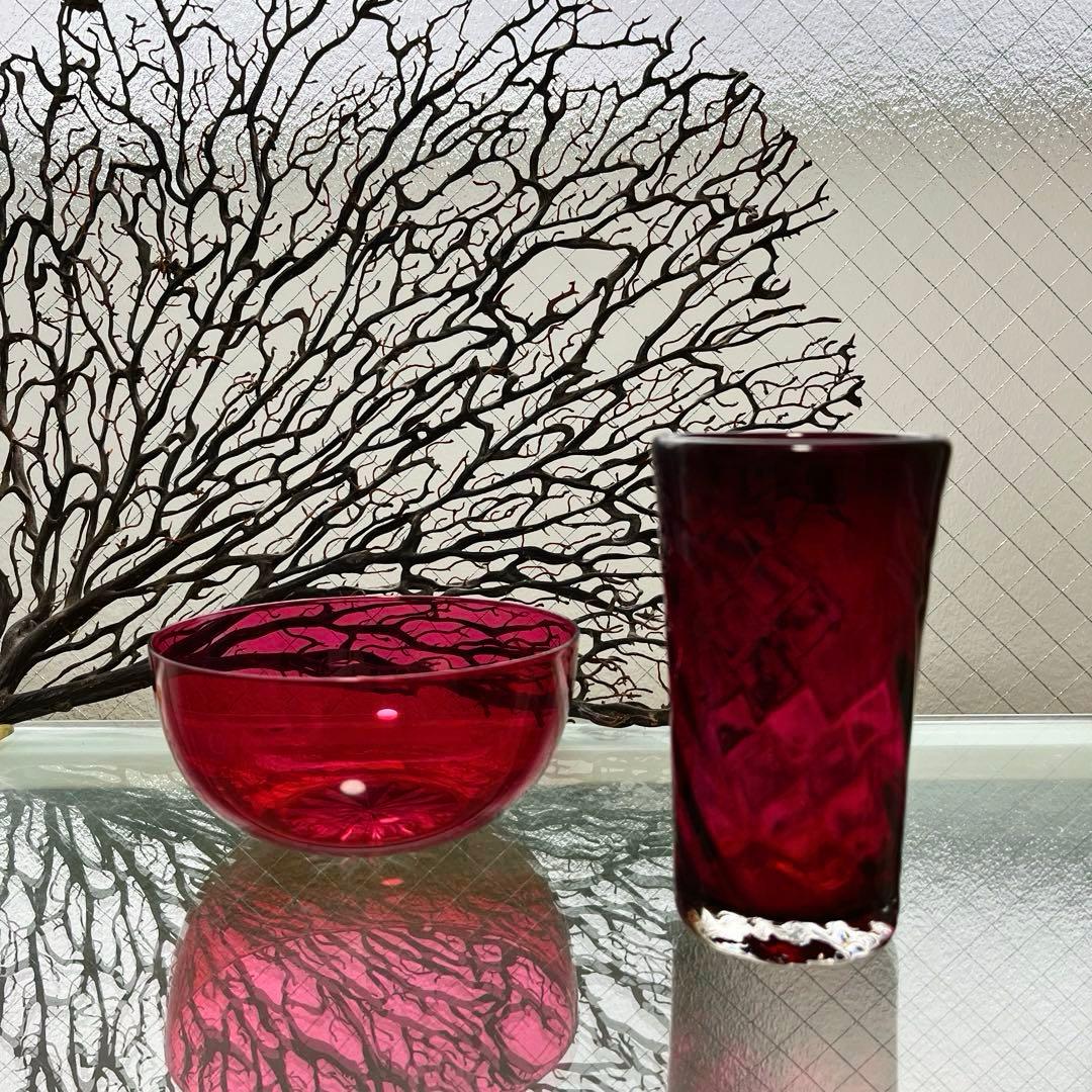 骨董 時代 希少金赤ガラス モールガラス調 流線型ピルスナー