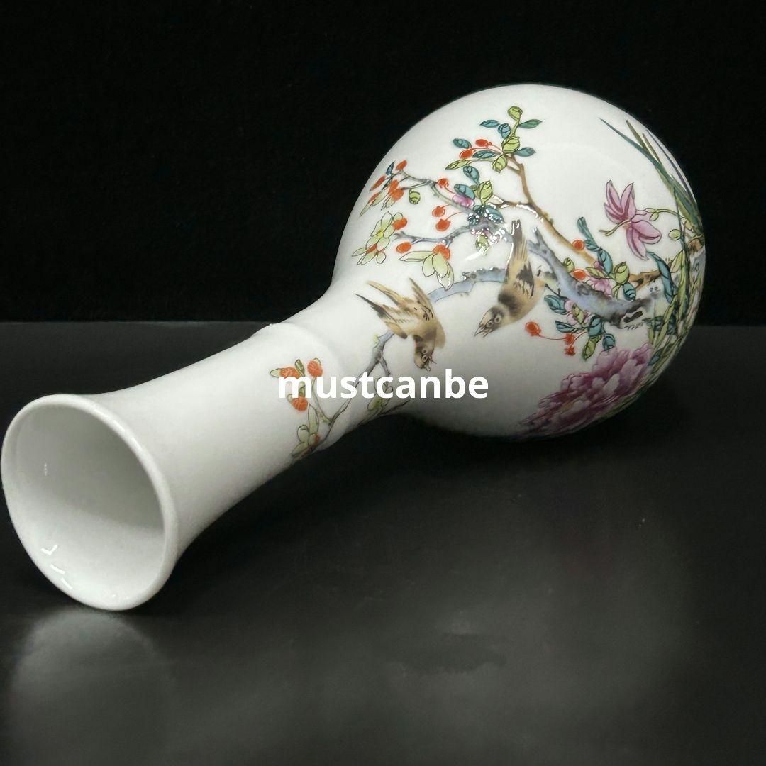 景徳鎮 花鳥紋玉壺春瓶 装飾品 現代工芸品美術品 置物