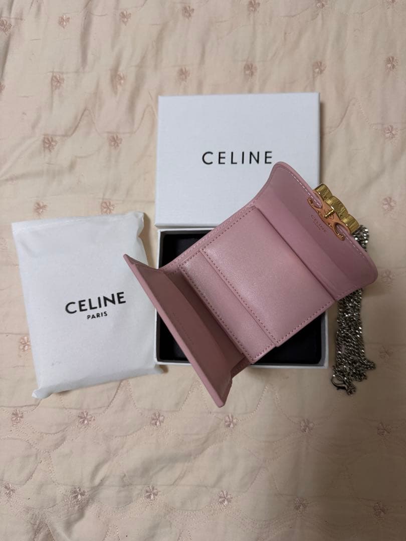 CELINE ピンク 三つ折り財布 チェーン付き