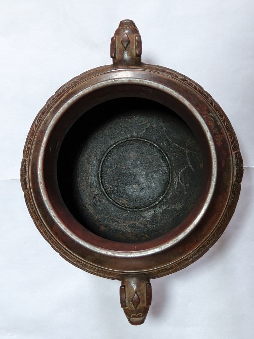 ♦銅器 神獣文 龍双耳 三足花器 初代 定塚義正 明治〜大正時代 花生 骨董品