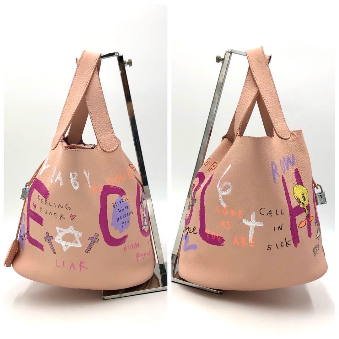 ゲルニカ キューブバッグ　ハンドバッグ　レザー ピンク　ペイント　レザー　ピンク